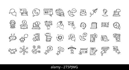 Contact us doodle big set. Sketch hand drawn icons. Chat bot and artificial intelligence. Customer support and technical service. Social media followe Stock Vector