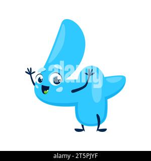 Cartoon cute funny four number character. Happy blue 4 digit vector math personage of kids mathematics education. Friendly smiling kawaii four number waving hands, elementary arithmetic hello gesture Stock Vector