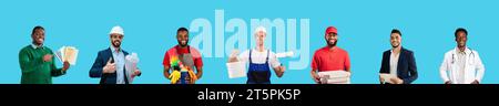 Creative Collage With People Of Different Professions Posing On Blue Background Stock Photo