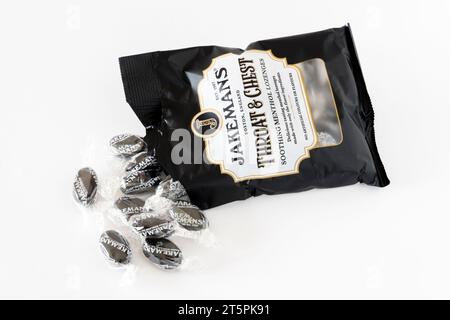 A packet of Jakemans Throat & Chest soothing menthol lozenges. Stock Photo