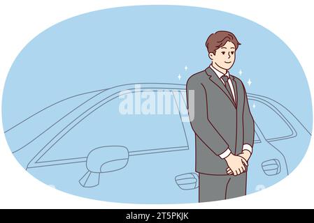 Car driver in suit standing near car waiting for client. Chauffeur in formalwear working in luxury automobile company. Good quality service. Vector illustration. Stock Vector