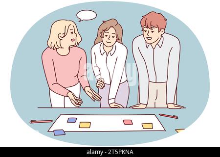 Businesspeople brainstorm at office meeting discuss business ideas with sticky notes together. Smiling employees or colleagues engaged in teamwork activity. Vector illustration. Stock Vector