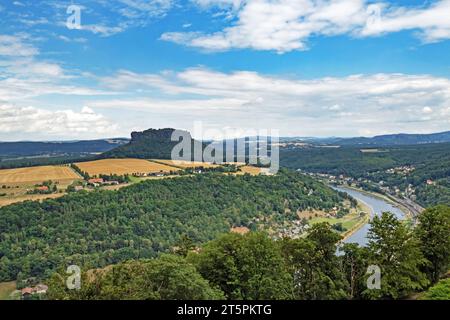 Aerial view of the town Königstein and the table mountain Lilienstein at the river Elbe in Saxon Switzerland, Germany Stock Photo