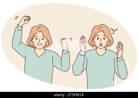 Young woman feeling unhappy and happy showing different emotions. Emotional girl feel stressed and excited. Mood swing. Vector illustration. Stock Vector