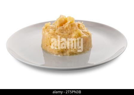 Leek and potato stew in dish isolated on white with clipping path included Stock Photo