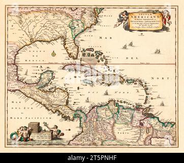 Old map of Gulf of Mexico and Caribbean islands. By Visccher, publ. in 1692 Stock Photo