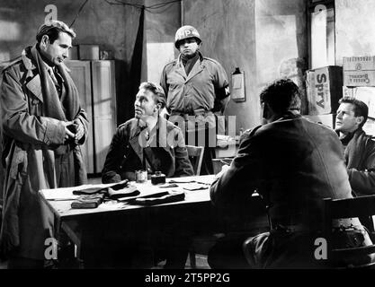 Gary Merrill, Hans Christian Blech, Richard Basehart, on-set of the film, 'Decision before Dawn', 20th Century-Fox, 1951 Stock Photo