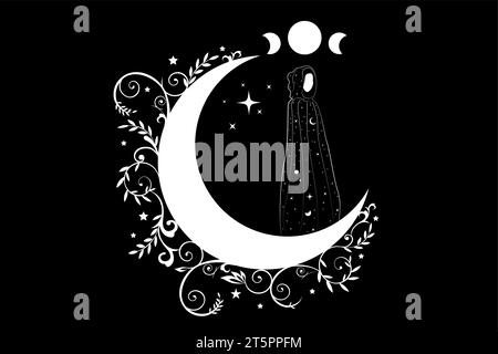 Mystical priestess in a long black dress on the white crescent moon. Triple goddess, magical wiccan woman, concept of esoteric magic sacred female Stock Vector