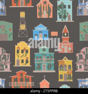 Bright wild west town houses. Western street with floral graffities wood buildings vector seamless pattern. Stock Vector