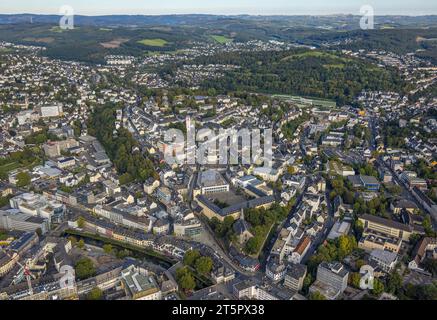 Aerial view, view of the town with St. Nicholas Church and St. Mary's Catholic Church, University of Siegen - Lower Castle Campus, Town Hall, Siegen-K Stock Photo