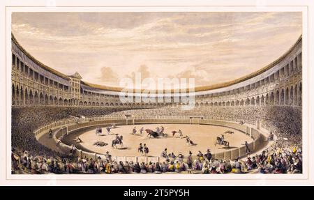 Old illustration showing Plaza de toros arena, madrid, Spain. By unidentified author, publ. ca 1865 Stock Photo