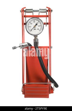 A tire inflator with a pressure gage on white Stock Photo