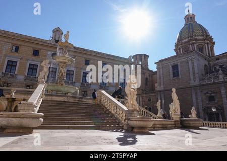 PALERMO, ITALY - FEBRUARY 8, 2020: Fontana Pretoria (The Praetorian Fountain) in centre of Palermo, Sicily, Italy in backlight Stock Photo