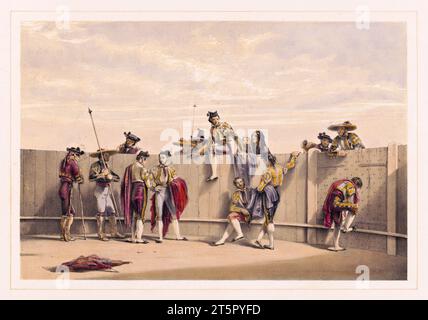 Old illustration showing matadors  in the arena. By unidentified author, publ. ca 1865 Stock Photo