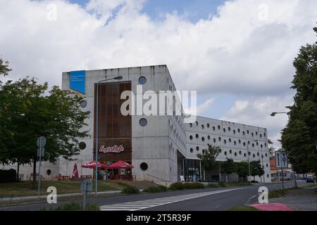 Hradec Kralove, Czech Republic - July 22, 2023 - The Research Library. Modern interior with round windows, an extraordinary concrete Stock Photo