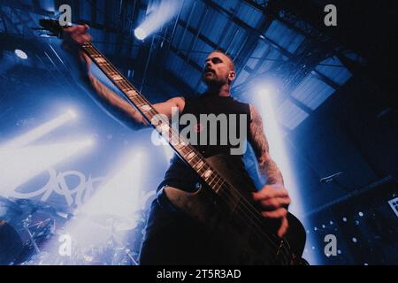 Copenhagen, Denmark. 03rd, November 2023. The American heavy metal band Prong performs a live concert at Pumpehuset in Copenhagen. Here bass player Jason Christopher is seen live on stage. (Photo credit: Gonzales Photo - Mathias Kristensen). Stock Photo