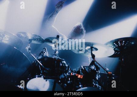 Copenhagen, Denmark. 03rd, November 2023. The American heavy metal band Prong performs a live concert at Pumpehuset in Copenhagen. Here drummer Tyler Bogliole is seen live on stage. (Photo credit: Gonzales Photo - Mathias Kristensen). Stock Photo