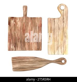A set of kitchen wooden cutting boards in brown color. Isolated on a white background. Hand-drawn watercolor illustration. Scandinavian-style set Stock Photo