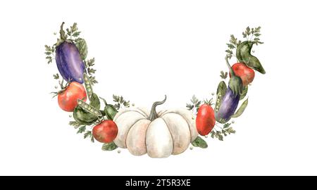 Wreath of vegetables: pumpkin, eggplant, tomato, pepper, Bok Choy ...