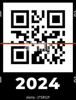 Real QR code 2024 numbers with red scan line. Happy New Year with covid vaccination barcode concept design template. Vector eps illustration for banner, poster, greeting card, invitation Stock Vector