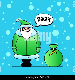 Cute cartoon green kawaii Santa Claus character for Christmas and Happy New year 2024 celebration poster. Gift bag and snow sweet greeting card. Vector xmas on speech bubble inspiration eps Stock Vector