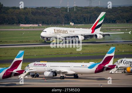 Düsseldorf Airport, Emirates Airbus A380-800 on landing, Stock Photo