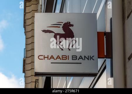 Sign outside a branch of Chaabi Bank (Banque Chaabi du Maroc), French subsidiary of the Moroccan banking group Banque Populaire Stock Photo