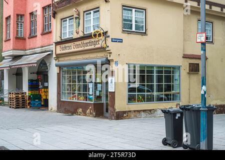 Inanimate everyday scene in front of a historic architecture in the Old Town of Memmingen, Swabia, Bavaria, Germany. Stock Photo