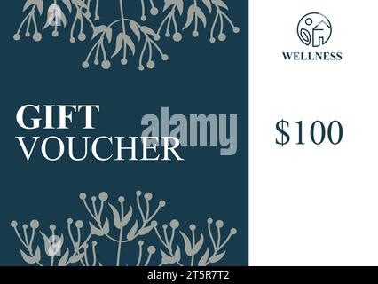 Illustration of wellness with gift voucher and 100 dollar text with flowers on color background Stock Photo