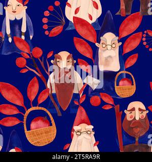 Autumn gnomes. Watercolor seamless pattern for fabrics, home textiles, clothes and wrapping paper. Fairytale vintage style. Dark blue background. Stock Photo