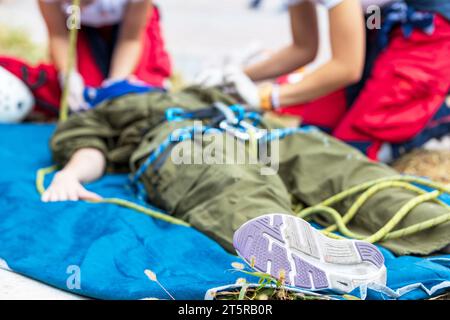 First aid after workplace accident Stock Photo