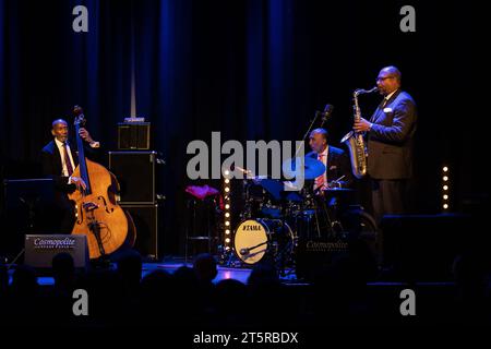 Oslo, Norway. 05th, November 2023. Ron Carter - Foursight Quartet perform a live concert at Cosmopolite in Oslo. Here composer and jazz double bassist Ron Carter is seen live on stage with saxophonist Jimmy Greene and drummer Payton Crossley. (Photo credit: Gonzales Photo - Tord Litleskare). Stock Photo