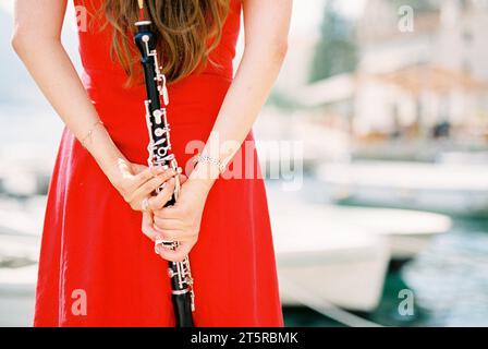 Girl-musician with a clarinet in her hands behind her back stands at the pier. Cropped. Back view Stock Photo