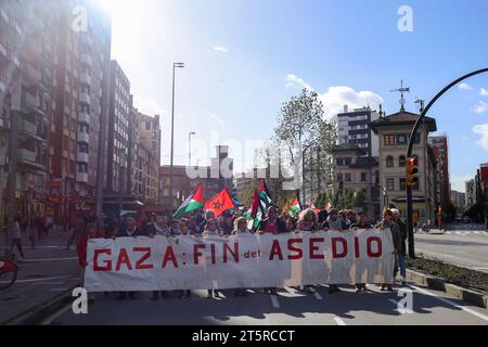 Gijon, Spain. 04th Nov, 2023. One of the banners of the demonstration, 'Gaza: End of the siege' during the Demonstration in protest against the Palestinian genocide, end of the Zionist genocide occupation, on November 04, 2023, in Gijon, Spain. (Photo by Alberto Brevers/Pacific Press/Sipa USA) Credit: Sipa USA/Alamy Live News Stock Photo