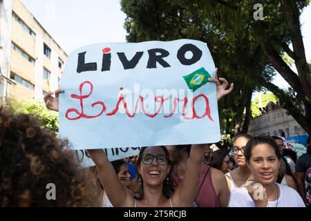 Salvador, Bahia, Brazil - May 30, 2019: People are seen protesting with posters against the cuts in education funding by President Jair Bolsonaro in t Stock Photo