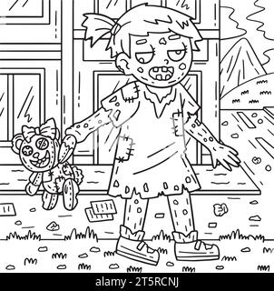 Zombie Girl with Plushie Coloring Pages for Kids Stock Vector