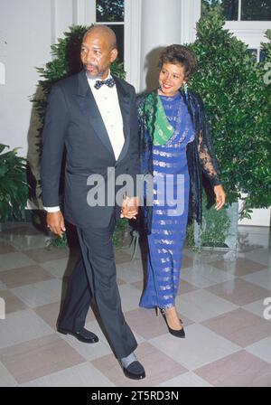 Actor Morgan Freeman and his wife, Myrna, arrive for the State Dinner in honor of President Mikhail Gorbachev of the Union of Soviet Socialist Republics, at the White House in Washington, DC on Thursday, May 31, 1990. Credit: Ron Sachs/CNP Stock Photo