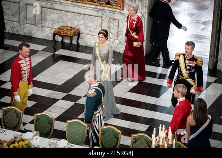 Denmark. 06th Nov, 2023. Crown Prince Frederik, Crown Princess Mary and Princess Benedikte during the State Banquet at Christiansborg Palace in Copenhagen, Monday 6 November 2023. King Felipe and Queen Letizia are on a three-day state visit to Denmark. (Photo: Mads Claus Rasmussen/Ritzau Scanpix) Credit: Ritzau/Alamy Live News Stock Photo