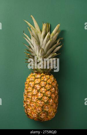 Whole large ripe juicy pineapple on a green background, tropical fruit Stock Photo