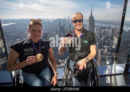New York City, United States . 06th Nov, 2023. Catherine Debrunner of Switzerland winner of the women's wheelchair and Marcel Hug of Switzerland winner of the men's wheelchair TCS New York City Marathon poses for a photo at the Summit One Vanderbilt in New York, US on November 6, 2023. This year's race was the world's biggest and boldest marathon with around 50,000 finishers. Credit: Brazil Photo Press/Alamy Live News Stock Photo