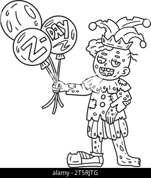 Zombie Clown with Balloons Isolated Coloring Page Stock Vector