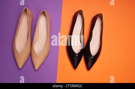 Two pairs of stylish women's pointed-toe shoes of different colors but the same model on a bright two-colored background. Top view, flat lay. The conc Stock Photo