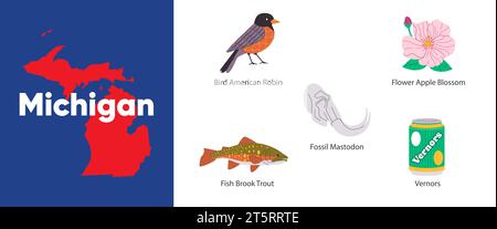 Michigan states with symbol icon of American robin vernor mastodon brook trout apple blossom illustration Stock Vector