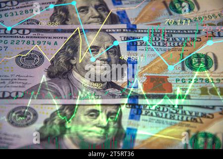 Chart of inflation, stock market and foreign exchange overlaid on the US dollar Stock Photo