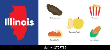 Illinois states with symbol icon of tully monster pumpkin pie apple pop corn illustration Stock Vector