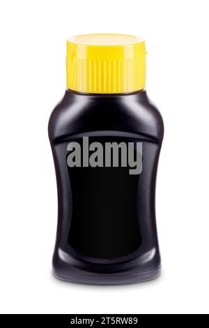 Bottle of mustard sauce with flip-top cap and blank white label ...