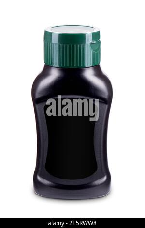 Black premium mustard sauce bottle with green flip-top cap and blank black label isolated on white background. Mock-up for product design Stock Photo