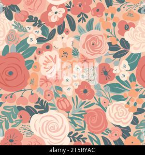 Seamless romantic pattern with summer blooming flowers peonies and roses on a beige background. Vector format. Stock Vector