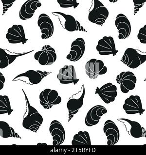 Pattern of black seashells on a transparent background, marine design, ocean shells. Seamless pattern Stock Vector