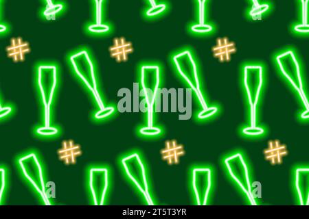 Christmas seamless pattern of luminous neon wineglasses with hashtag sign in trendy New Year shades. Isolate. EPS. Vector Design for wrapping, wallpaper or web, poster or card and other different uses Stock Vector